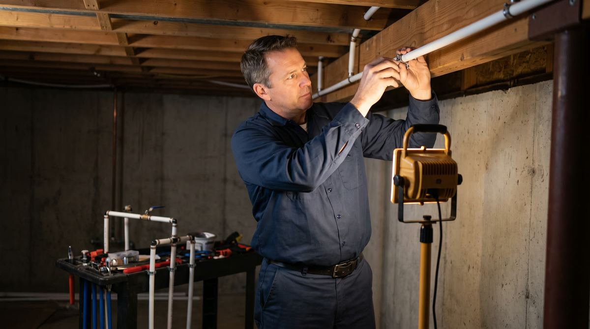 Licensed plumber running new PEX piping during a whole-home repipe in a Colorado residence